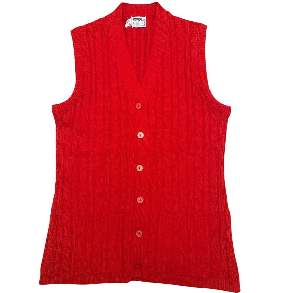 Vintage 1970s Montgomery Ward Red Button Front Women's Sweater Vest Medium - Picture 2 of 6